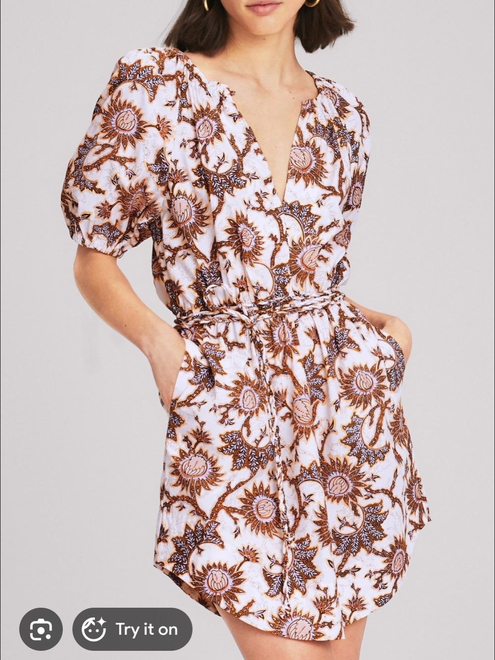 ALC Floral Mini Dress 6 Puff Sleeve Sunflower Waist Tie Cotton Poplin Boho - Picture 1 of 8